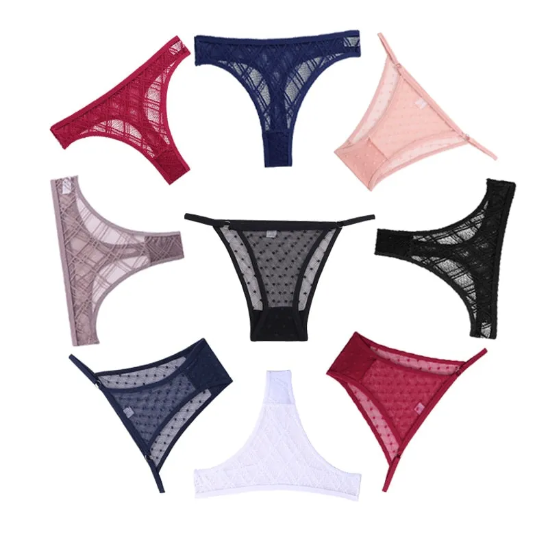 3 Pack Floral Transparent Thongs G-string Lingerie Lace Panties Low-Waist Briefs Mesh Pantys