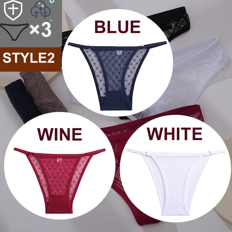 3 Pack Floral Transparent Thongs G-string Lingerie Lace Panties Low-Waist Briefs Mesh Pantys