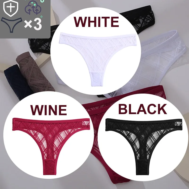 3 Pack Floral Transparent Thongs G-string Lingerie Lace Panties Low-Waist Briefs Mesh Pantys