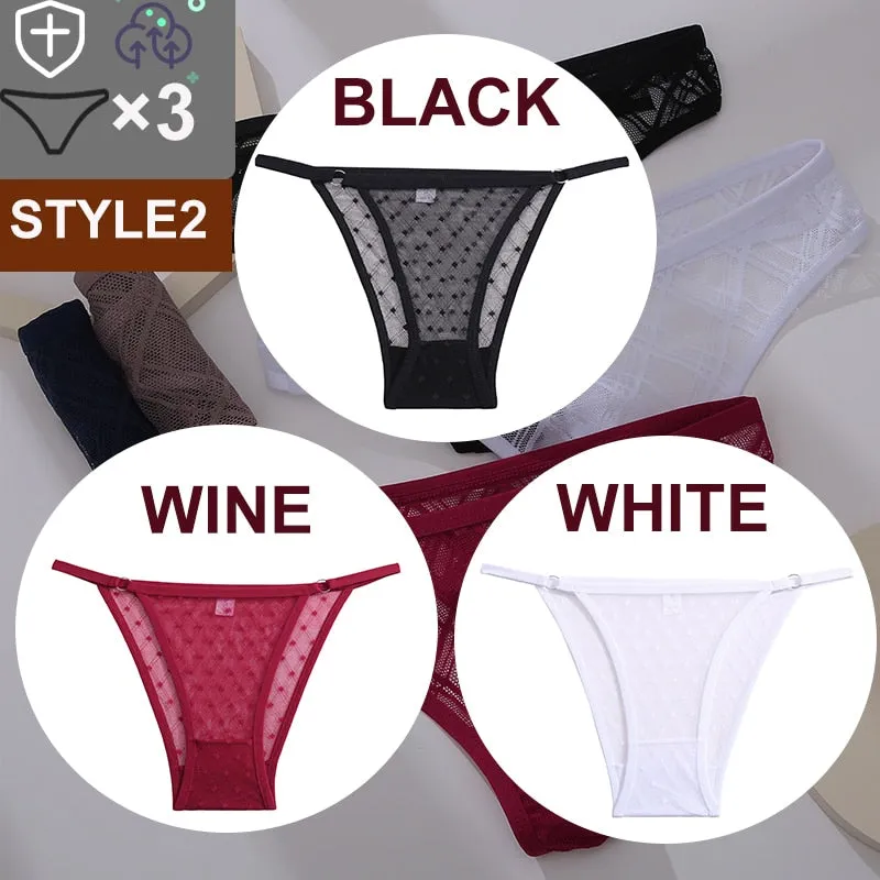 3 Pack Floral Transparent Thongs G-string Lingerie Lace Panties Low-Waist Briefs Mesh Pantys