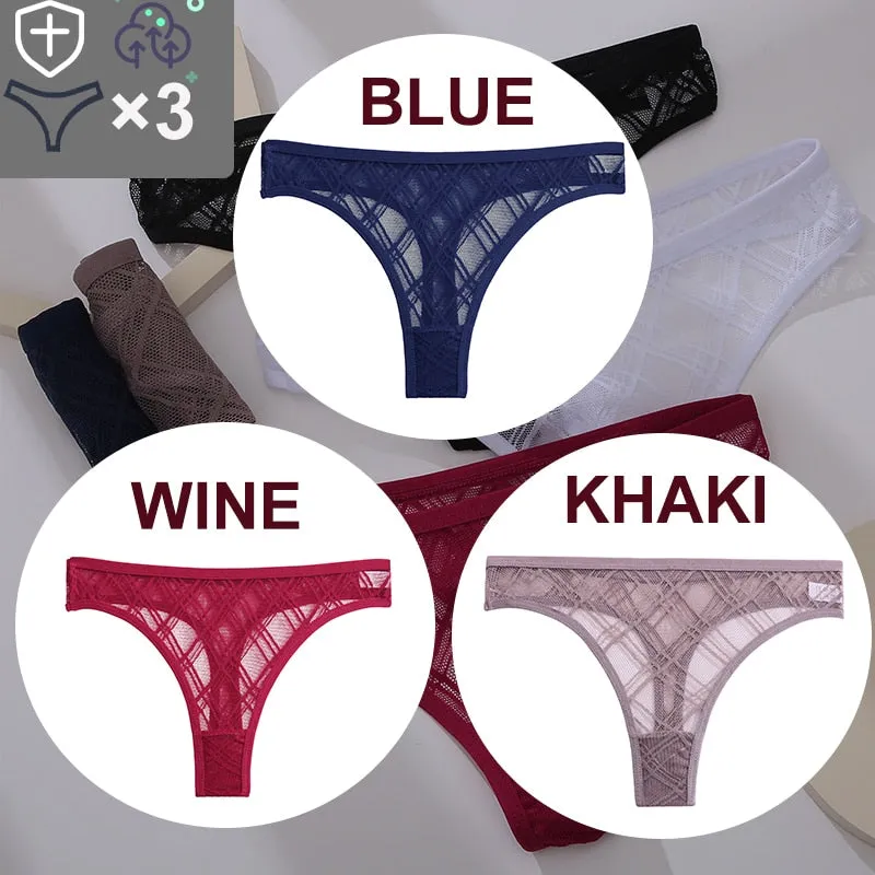 3 Pack Floral Transparent Thongs G-string Lingerie Lace Panties Low-Waist Briefs Mesh Pantys