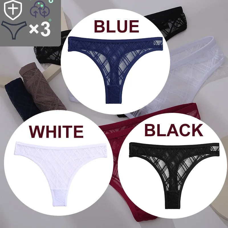 3 Pack Floral Transparent Thongs G-string Lingerie Lace Panties Low-Waist Briefs Mesh Pantys