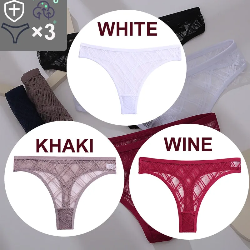 3 Pack Floral Transparent Thongs G-string Lingerie Lace Panties Low-Waist Briefs Mesh Pantys