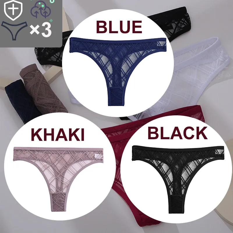 3 Pack Floral Transparent Thongs G-string Lingerie Lace Panties Low-Waist Briefs Mesh Pantys