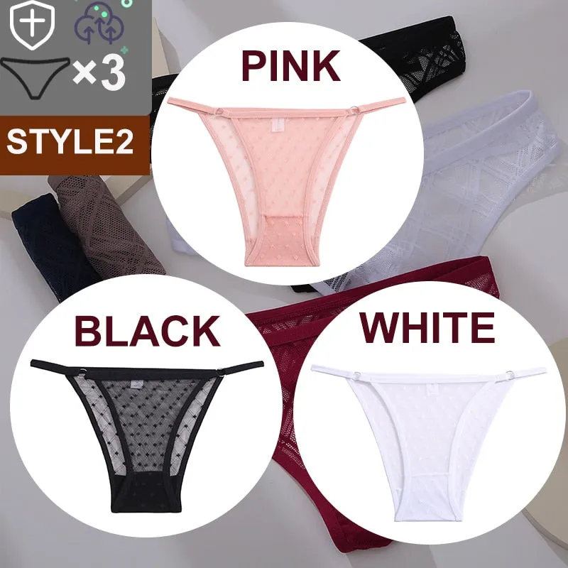 3 Pack Floral Transparent Thongs G-string Lingerie Lace Panties Low-Waist Briefs Mesh Pantys