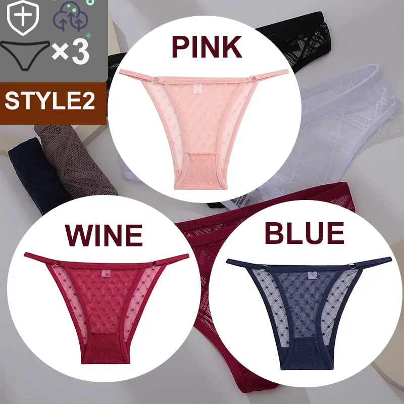 3 Pack Floral Transparent Thongs G-string Lingerie Lace Panties Low-Waist Briefs Mesh Pantys