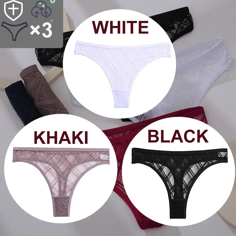 3 Pack Floral Transparent Thongs G-string Lingerie Lace Panties Low-Waist Briefs Mesh Pantys