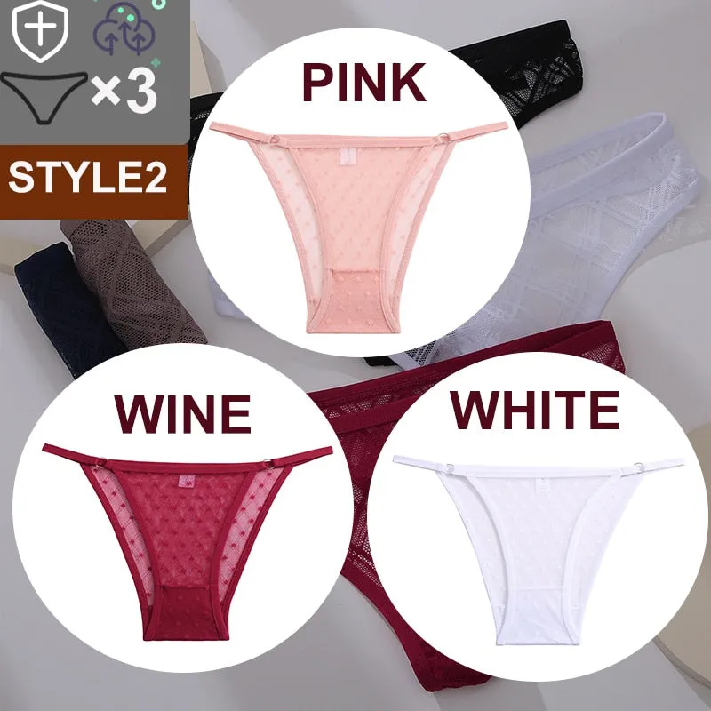 3 Pack Floral Transparent Thongs G-string Lingerie Lace Panties Low-Waist Briefs Mesh Pantys