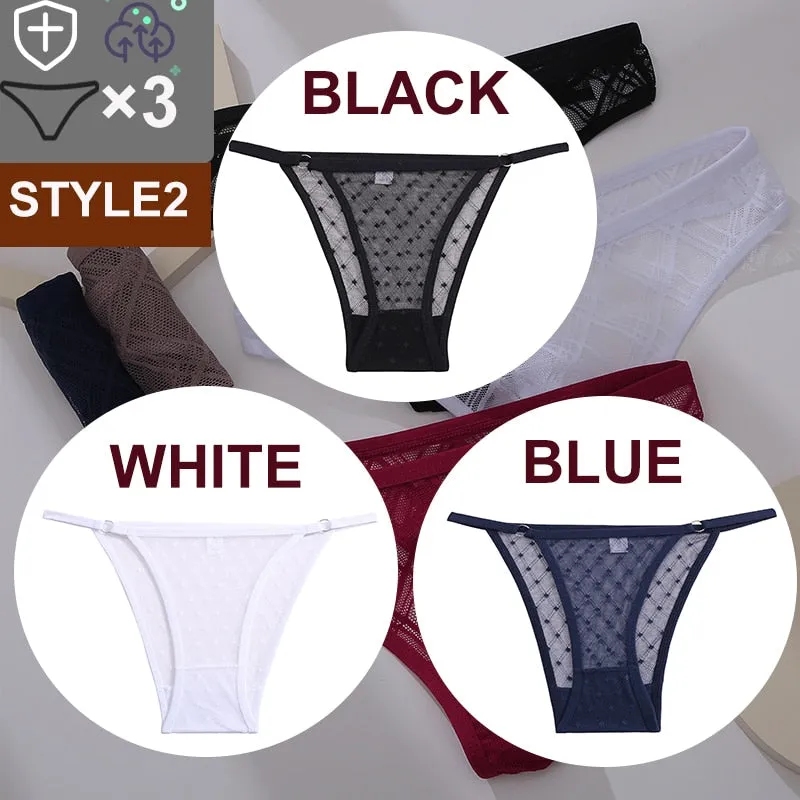 3 Pack Floral Transparent Thongs G-string Lingerie Lace Panties Low-Waist Briefs Mesh Pantys