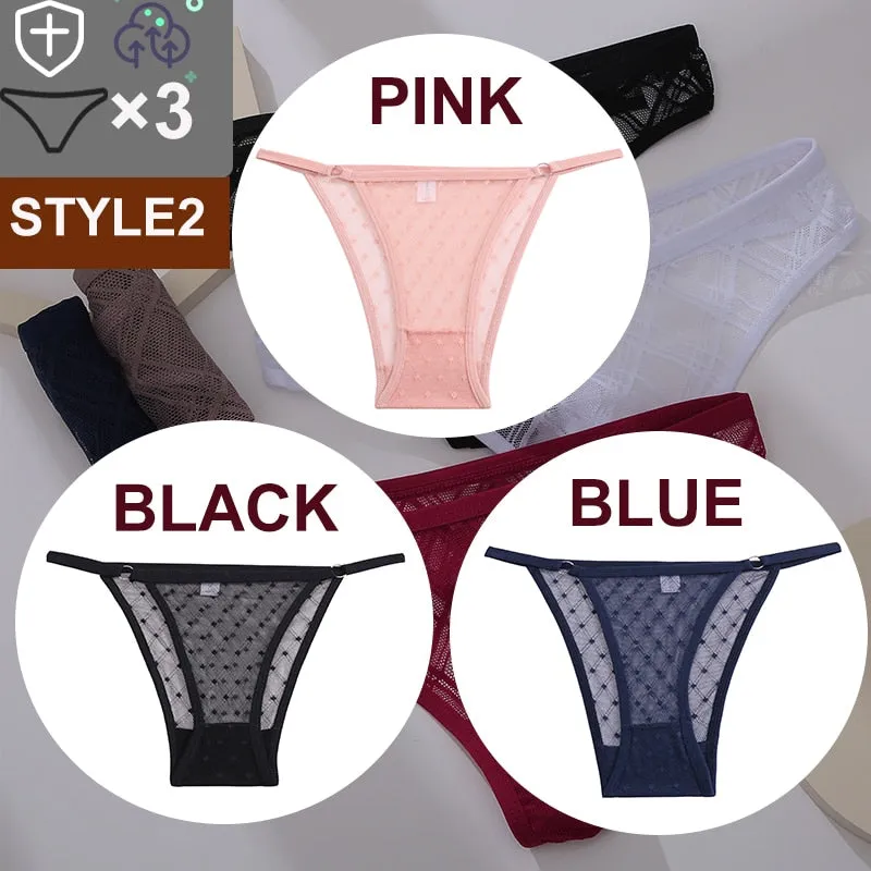 3 Pack Floral Transparent Thongs G-string Lingerie Lace Panties Low-Waist Briefs Mesh Pantys