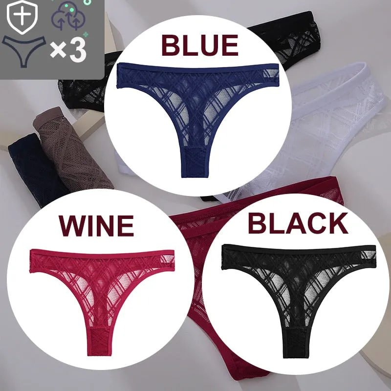 3 Pack Floral Transparent Thongs G-string Lingerie Lace Panties Low-Waist Briefs Mesh Pantys