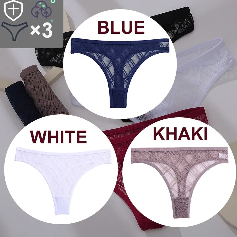 3 Pack Floral Transparent Thongs G-string Lingerie Lace Panties Low-Waist Briefs Mesh Pantys