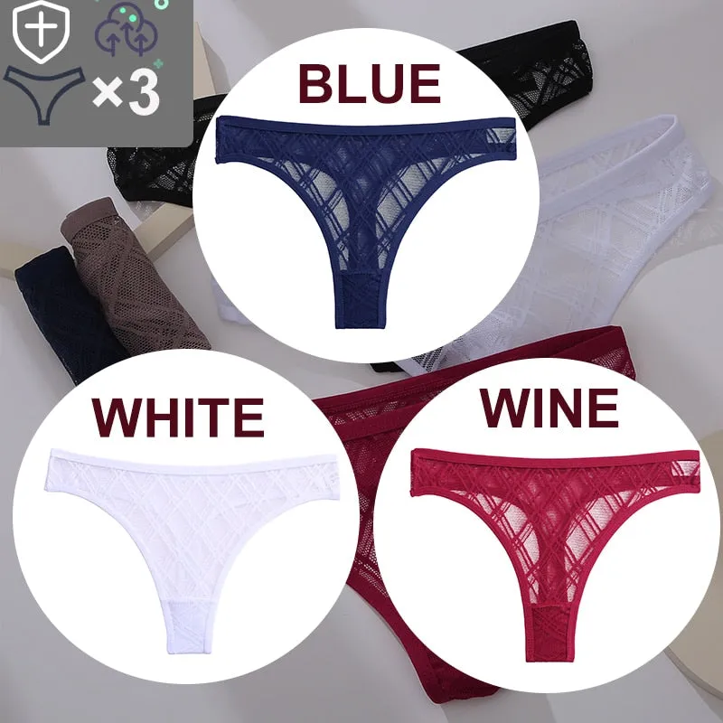 3 Pack Floral Transparent Thongs G-string Lingerie Lace Panties Low-Waist Briefs Mesh Pantys