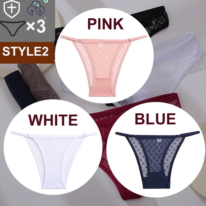 3 Pack Floral Transparent Thongs G-string Lingerie Lace Panties Low-Waist Briefs Mesh Pantys