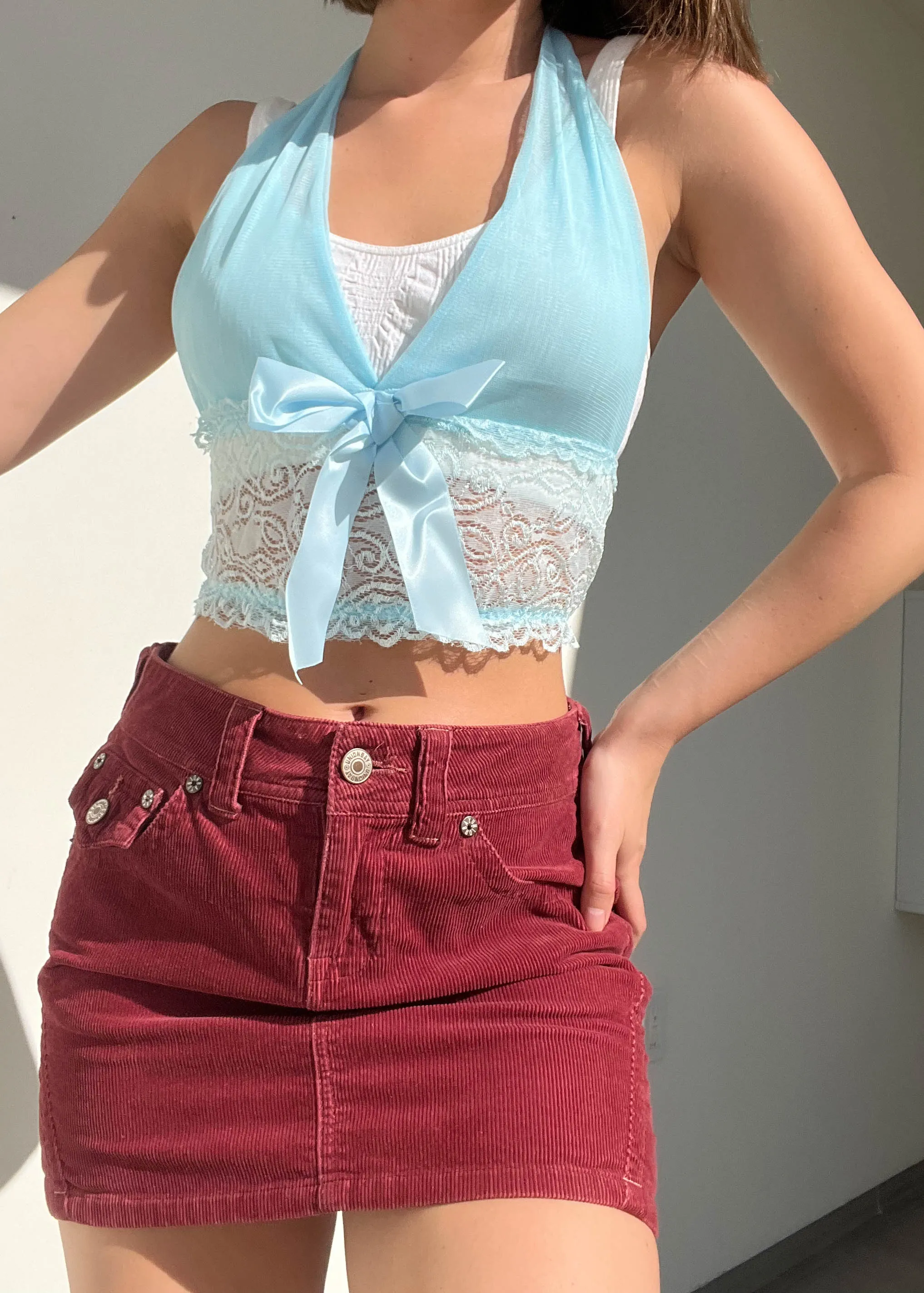 Baby Blue Y2k Mesh & Lace Halter (S)