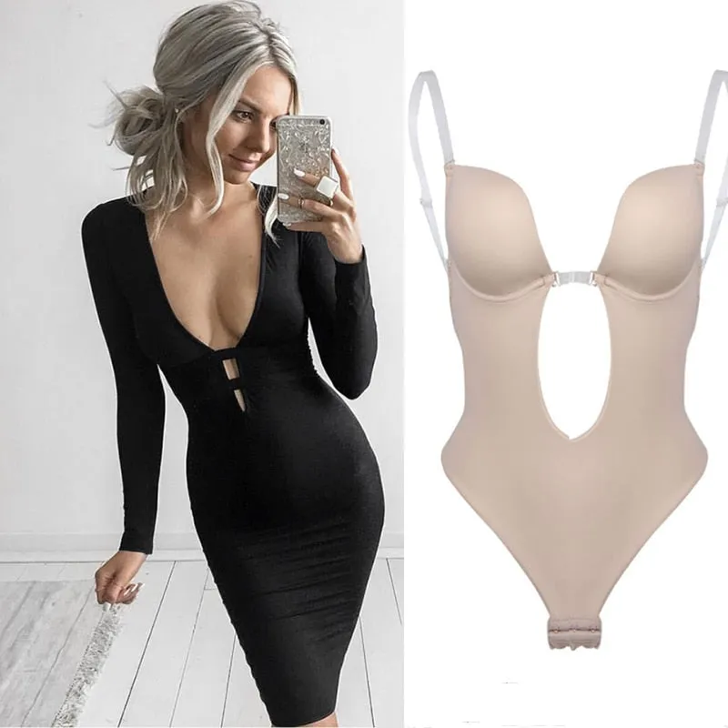 Full Bodyshaper Bra Deep V Convertible Thong Shapewear Backless Invisible Push Up Underwear Bodysuit