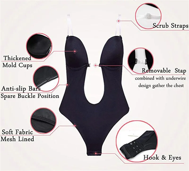 Full Bodyshaper Bra Deep V Convertible Thong Shapewear Backless Invisible Push Up Underwear Bodysuit