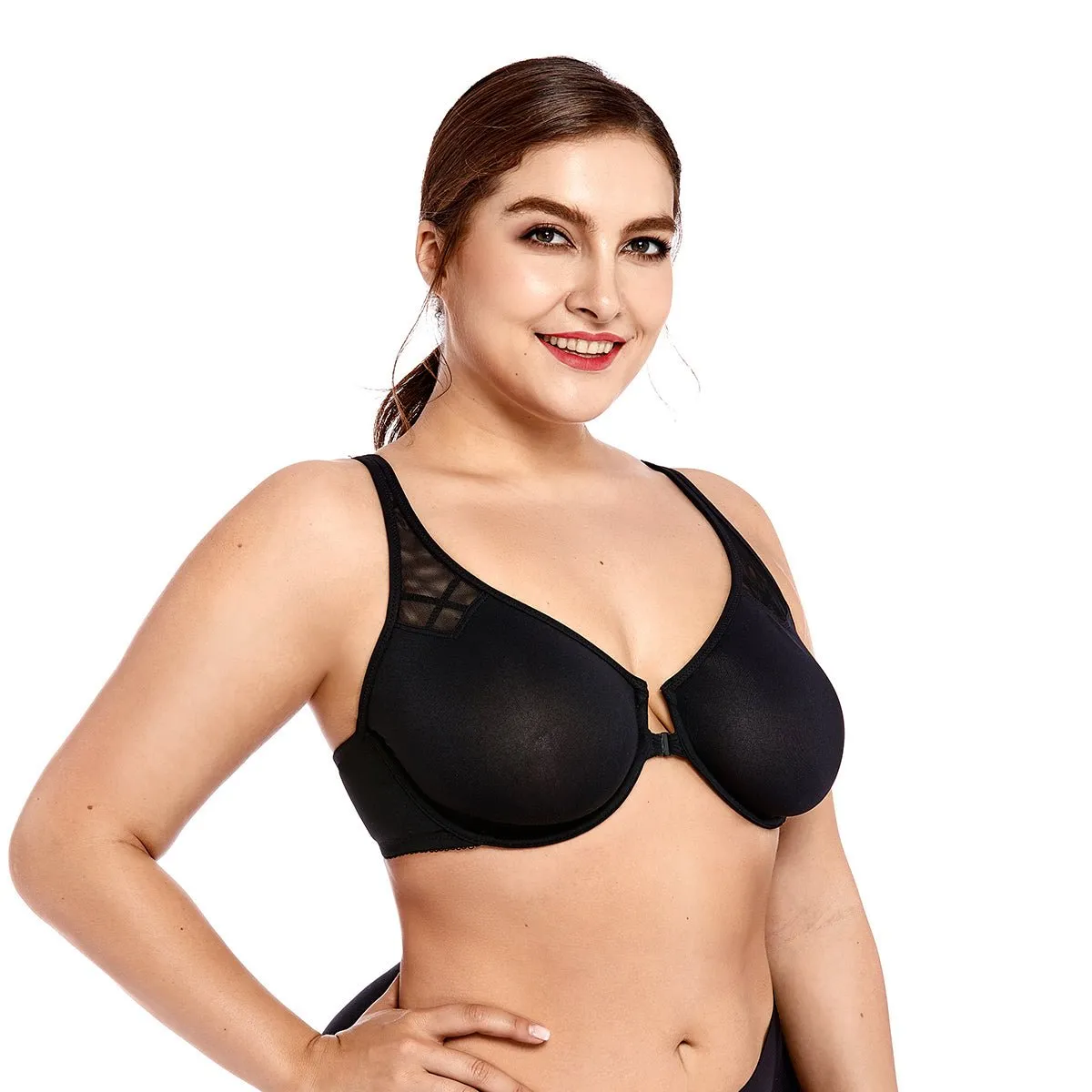 Mesh Insert Front Closure Underwire Seamless Comfort Black Bra