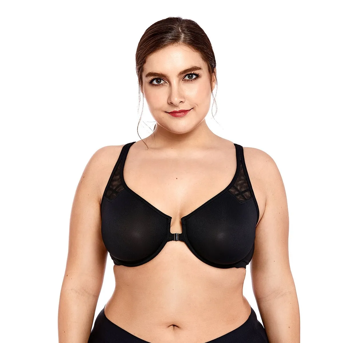 Mesh Insert Front Closure Underwire Seamless Comfort Black Bra