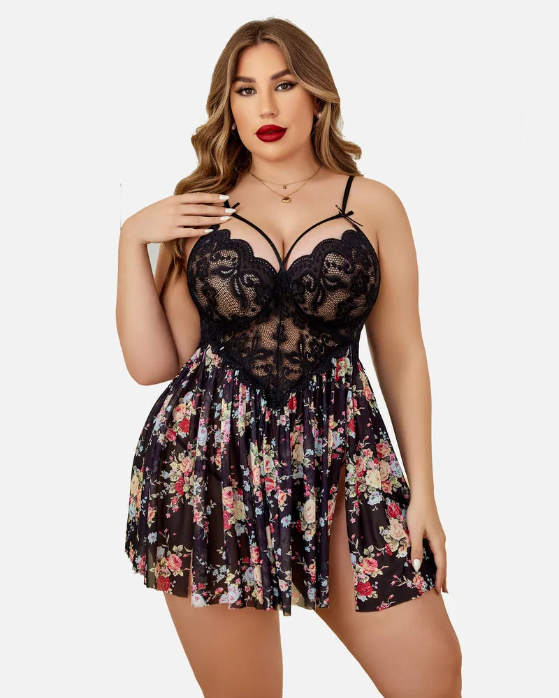 Plus Size Lace Heart Side Slit Nightdress