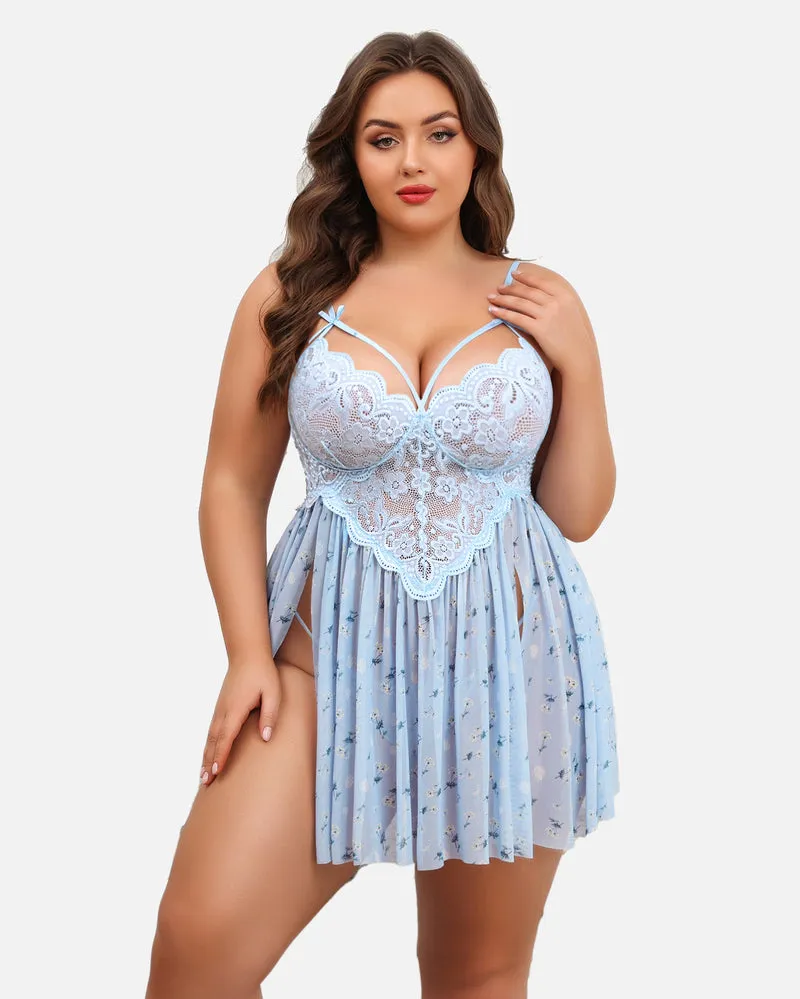 Plus Size Lace Leopard Side Slit Nightdress