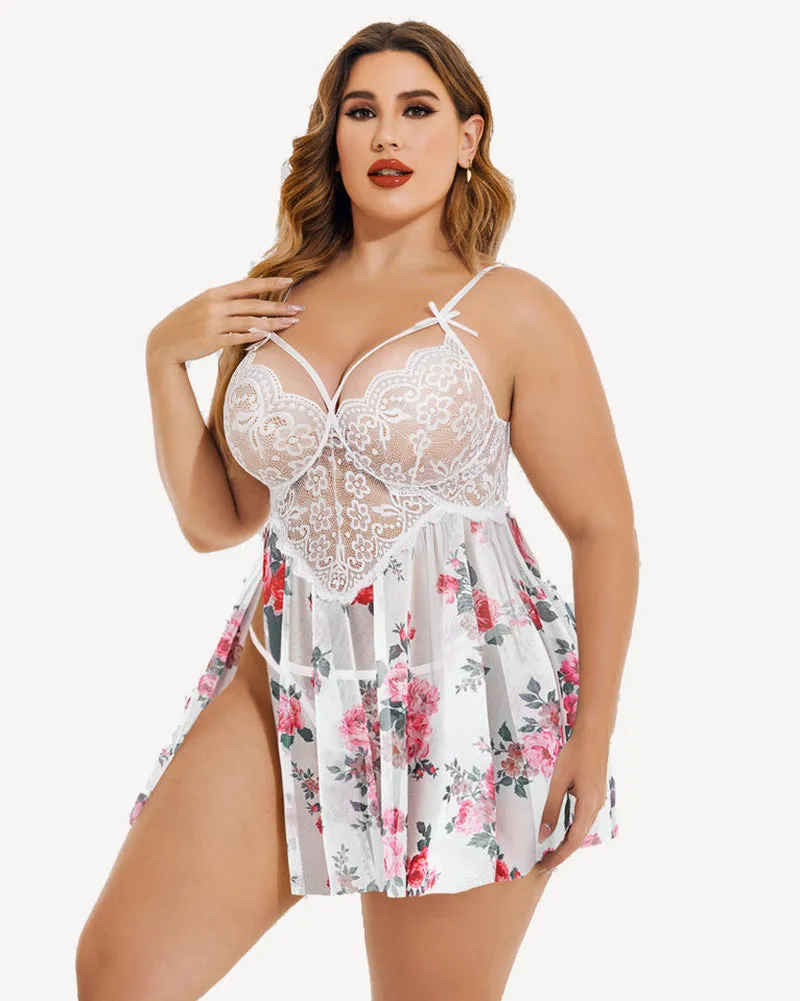 Plus Size Lace Leopard Side Slit Nightdress