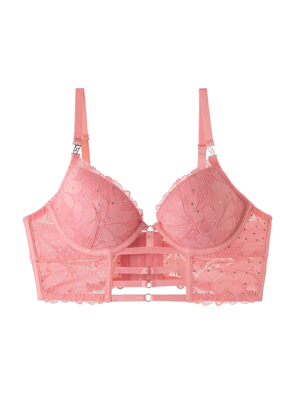 RIHANNA Pink Floral Lace Push-Up Corset Long Demi Bra with Rhinestones