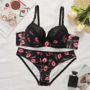 Sajiero Optic Lace Print Padded Bra and Panty Set