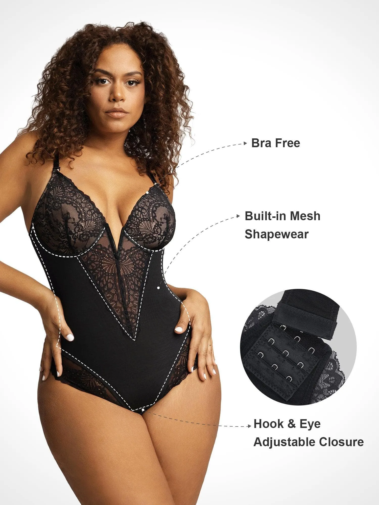 Shapewear Lace Deep-V Neck Bodysuits or Faux Leather Skirts