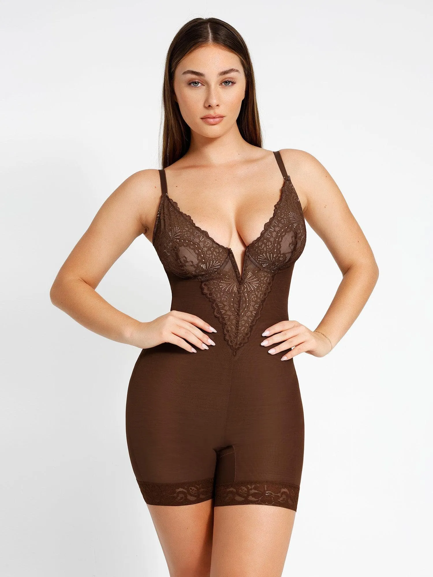 Shapewear Lace Deep-V Neck Bodysuits or Faux Leather Skirts