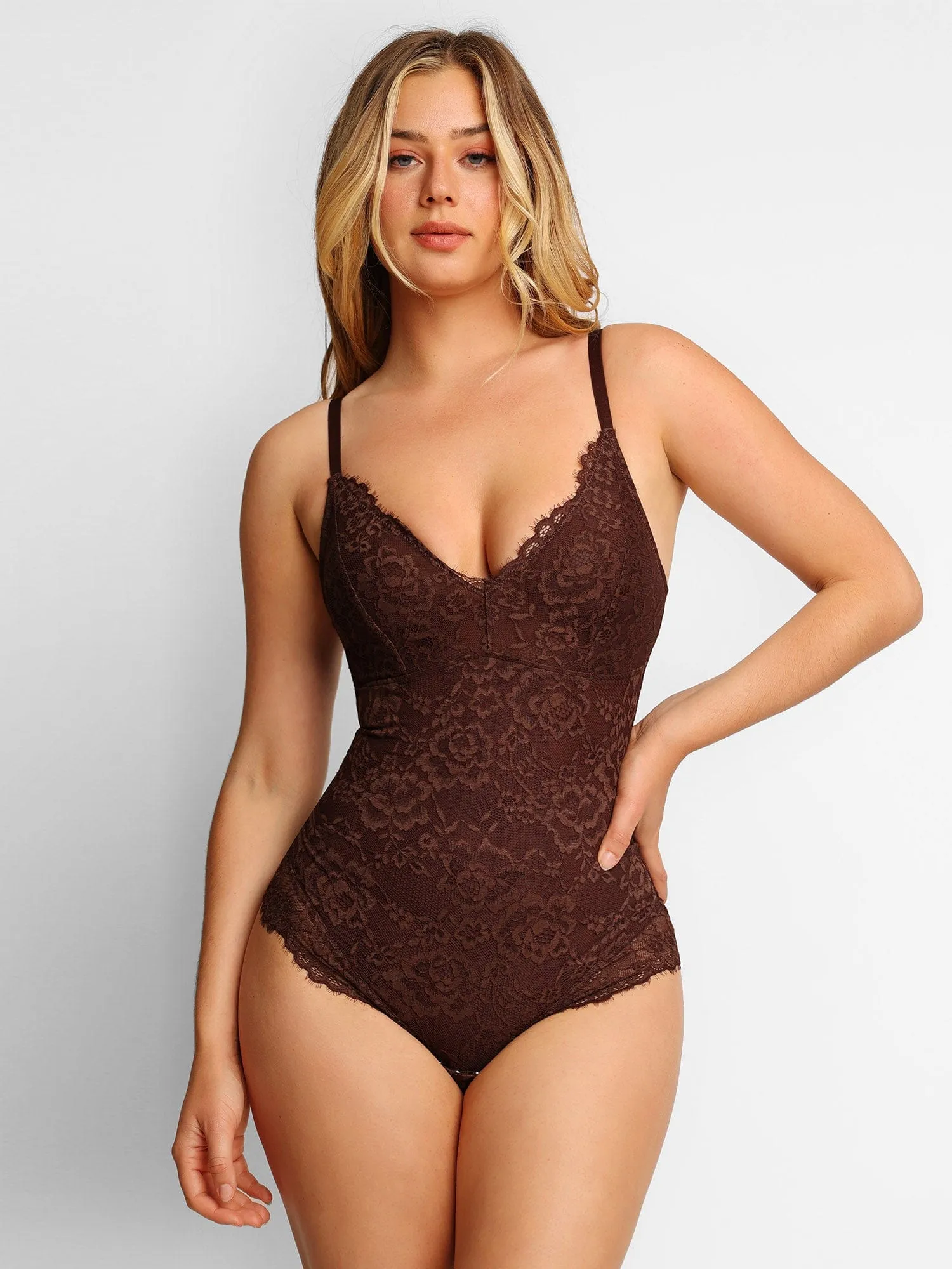 Shapewear Lace Deep-V Neck Bodysuits or Faux Leather Skirts