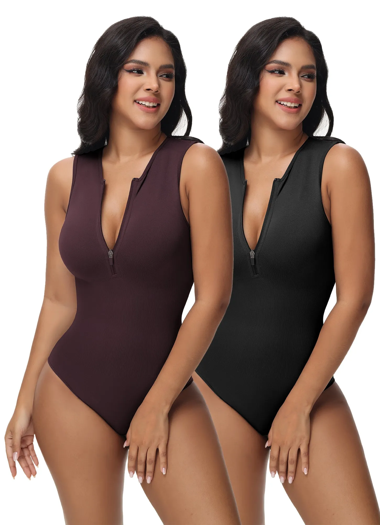 Sooslick Bodysuits for Women - Pack of 2 | Sleeveless Front Zip Bodysuits - Full Body Shapewear Body Sculpting Shaping Tops Clothing Comfort