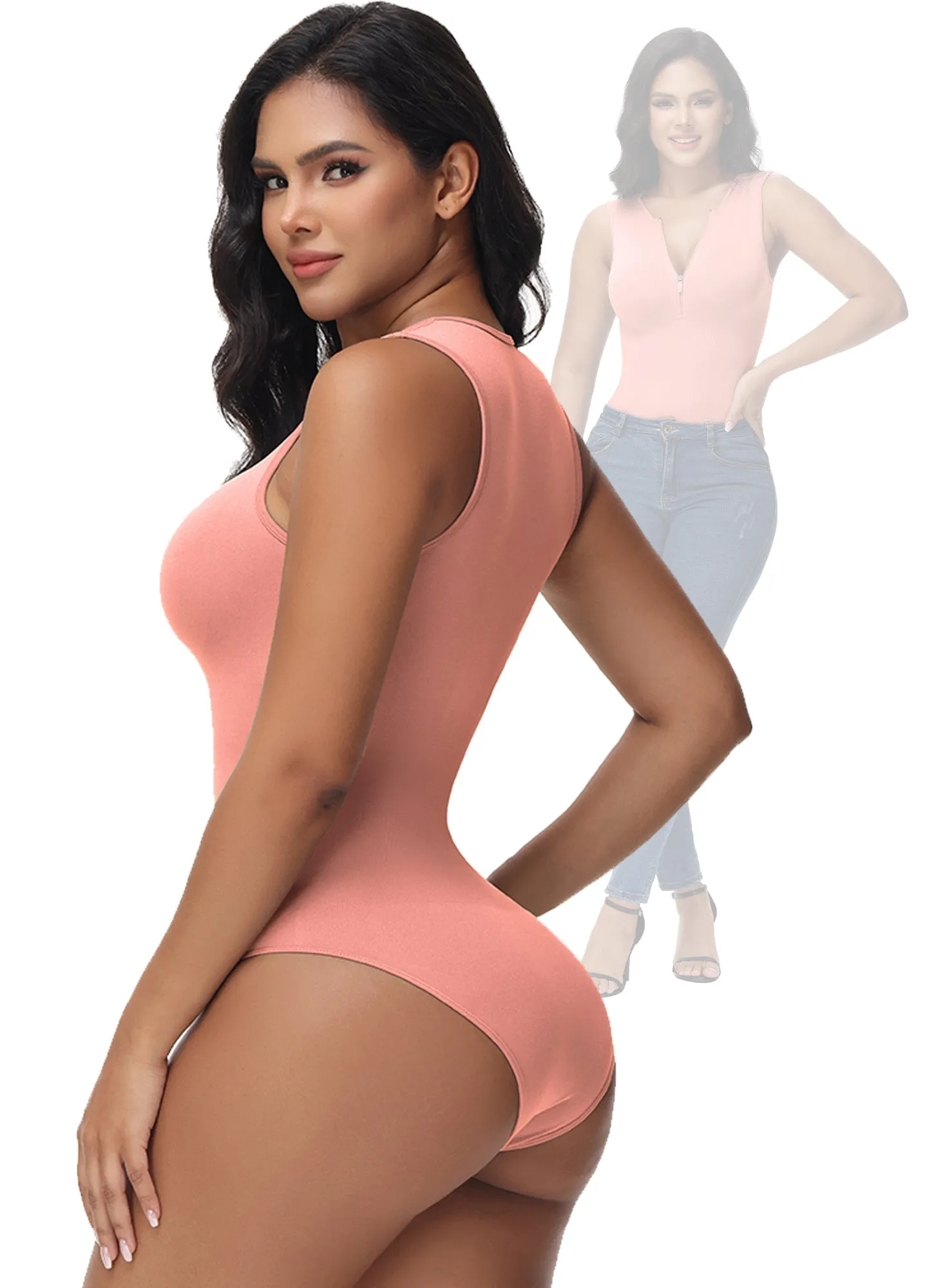 Sooslick Bodysuits for Women - Pack of 2 | Sleeveless Front Zip Bodysuits - Full Body Shapewear Body Sculpting Shaping Tops Clothing Comfort