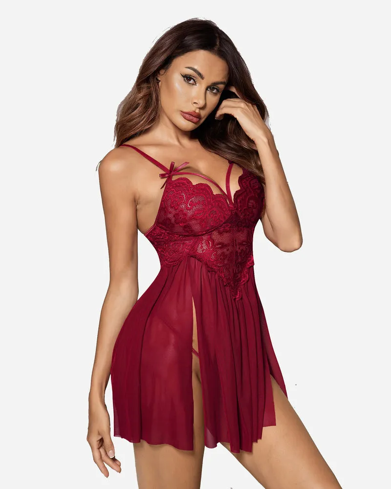 V Neck Lace Floral Side Slit Babydoll