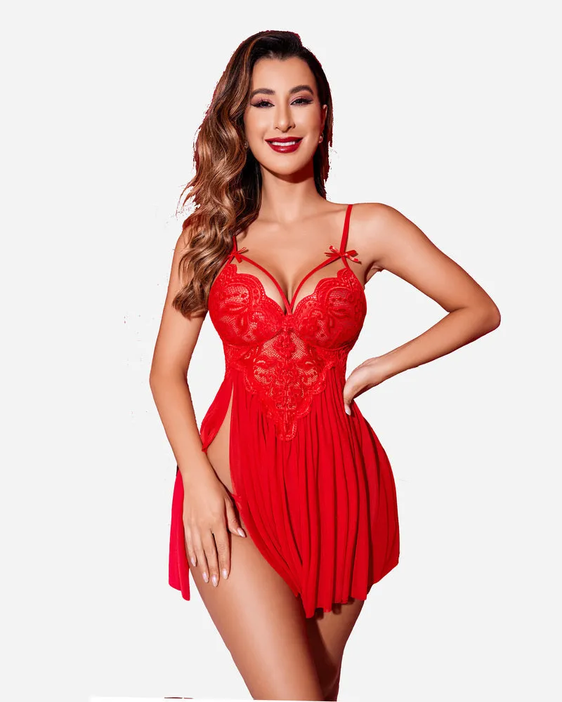 V Neck Lace Floral Side Slit Babydoll