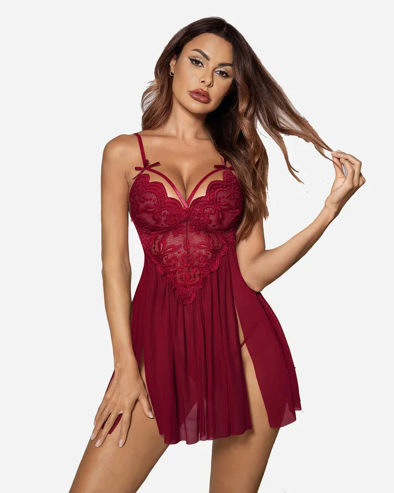 V Neck Lace Floral Side Slit Babydoll