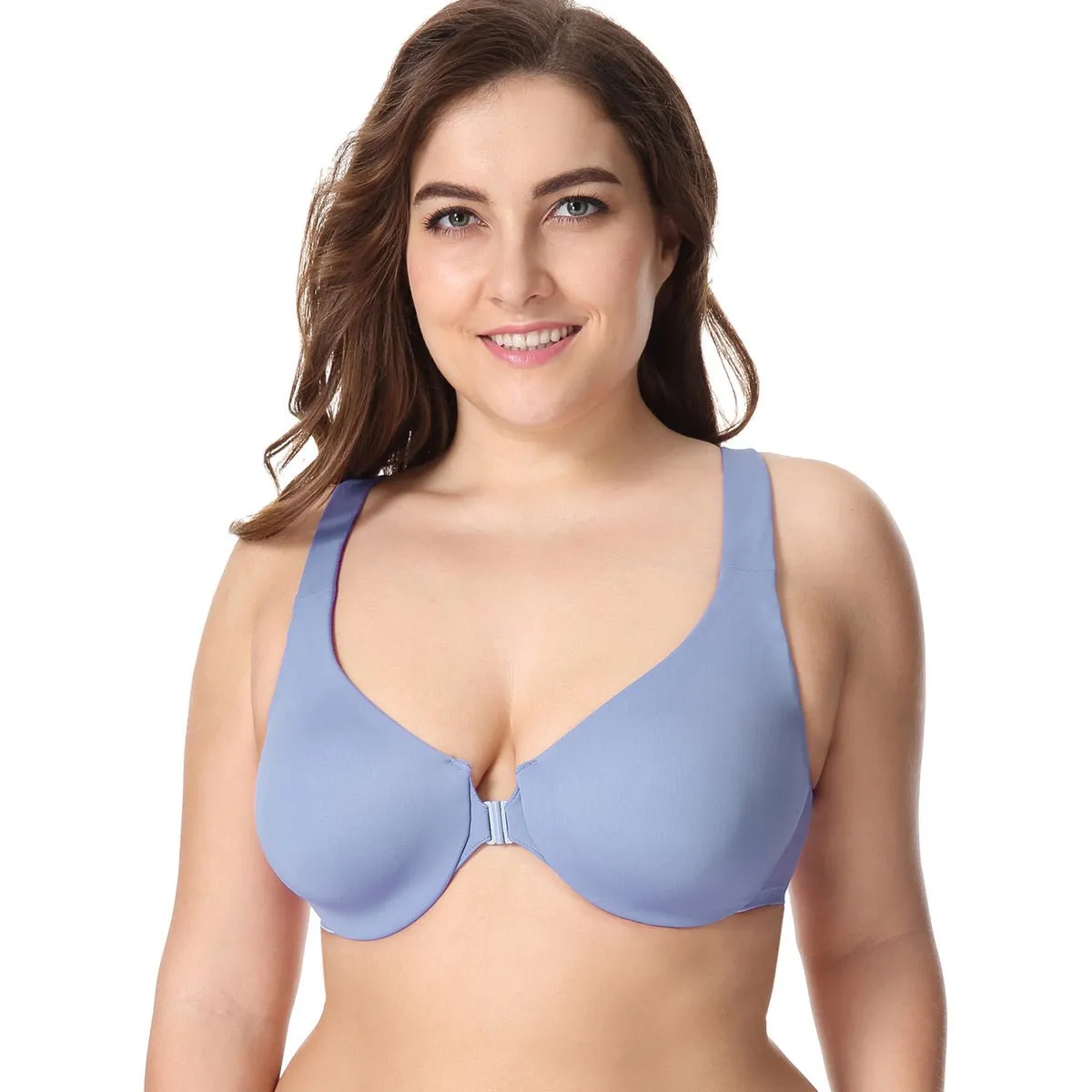 Wide Padded Straps Front Closure Underwire Plus Size Blue Full Coverage Bra