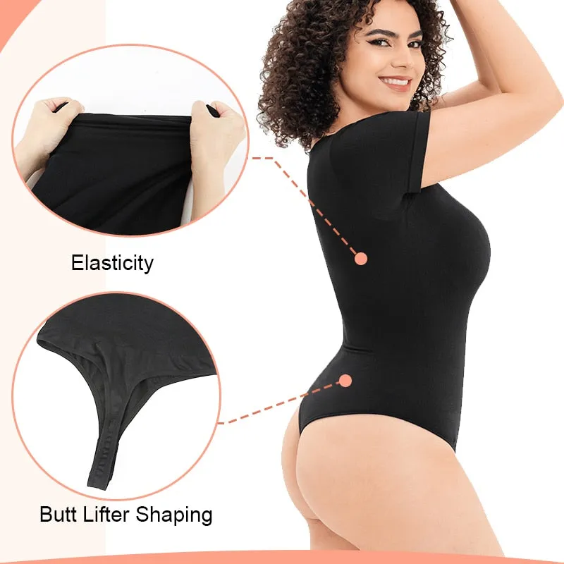 Women Bodysuits Sexy Ribbed Short Sleeve Square Neck Tank Tops Waist Shaping Tummy Control Butt Lifter Thong Shaper Corset