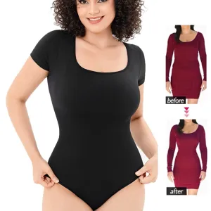 Women Bodysuits Sexy Ribbed Short Sleeve Square Neck Tank Tops Waist Shaping Tummy Control Butt Lifter Thong Shaper Corset