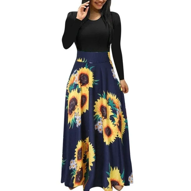 Women dress Long Sleeve Printed patchwork Elegant Vintage Maxi Dress Ladies summer Casual vestido floral