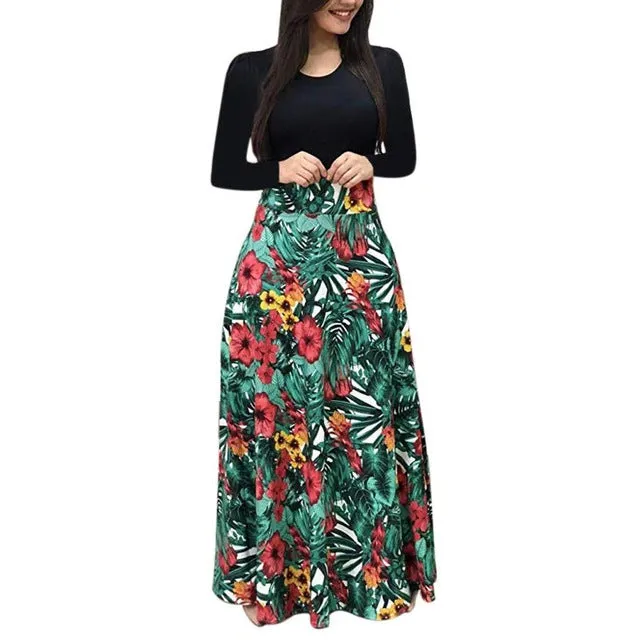 Women dress Long Sleeve Printed patchwork Elegant Vintage Maxi Dress Ladies summer Casual vestido floral