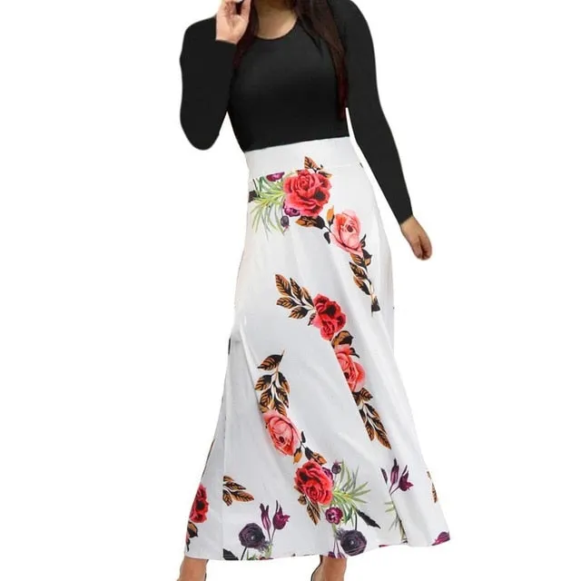 Women dress Long Sleeve Printed patchwork Elegant Vintage Maxi Dress Ladies summer Casual vestido floral