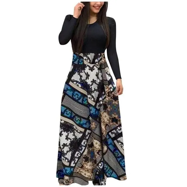 Women dress Long Sleeve Printed patchwork Elegant Vintage Maxi Dress Ladies summer Casual vestido floral