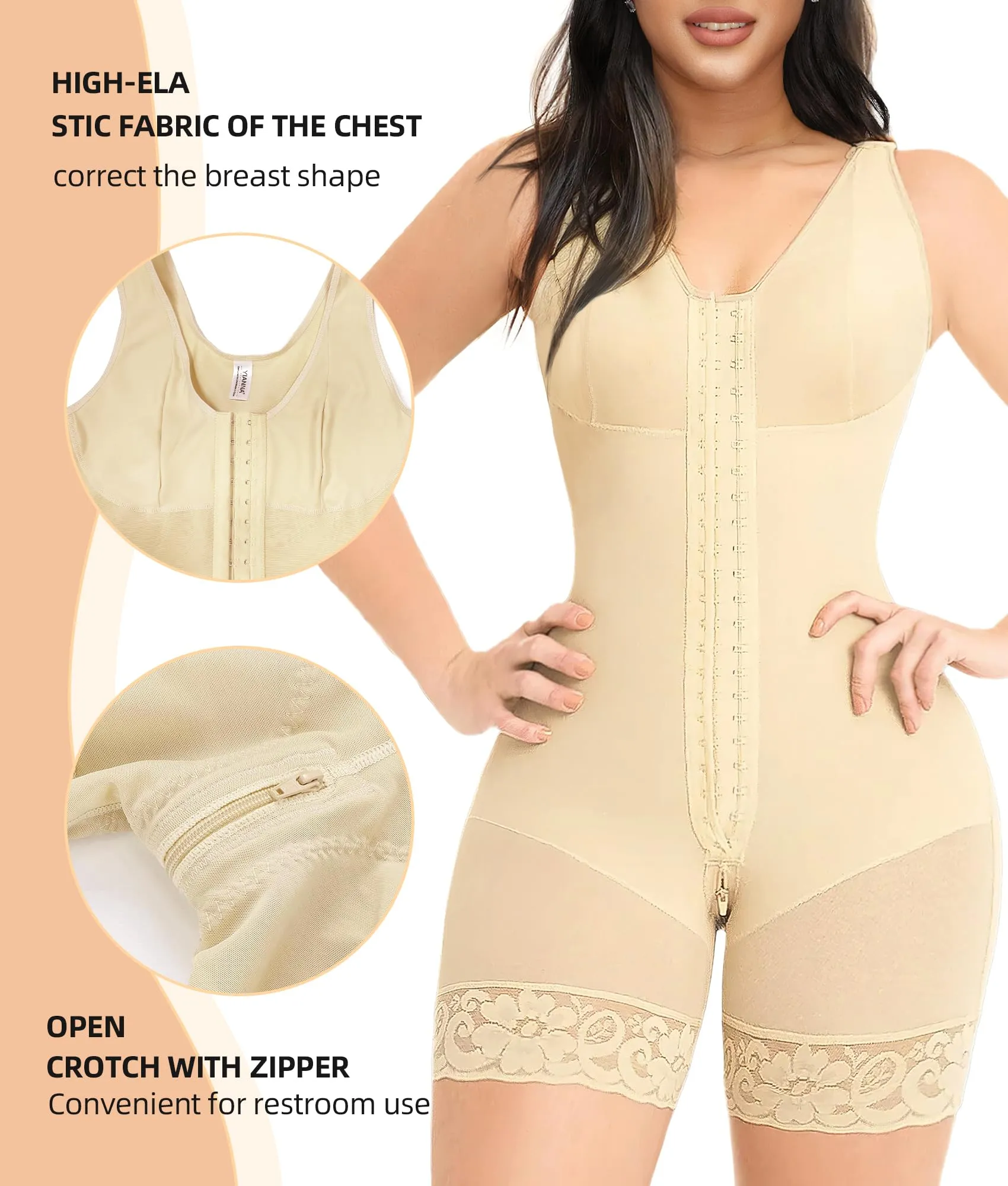 YIANNA Fajas Colombianas Shapewear for Women Tummy Control Post Surgery Full Body Shaper Butt Lifter with Zipper Crotch